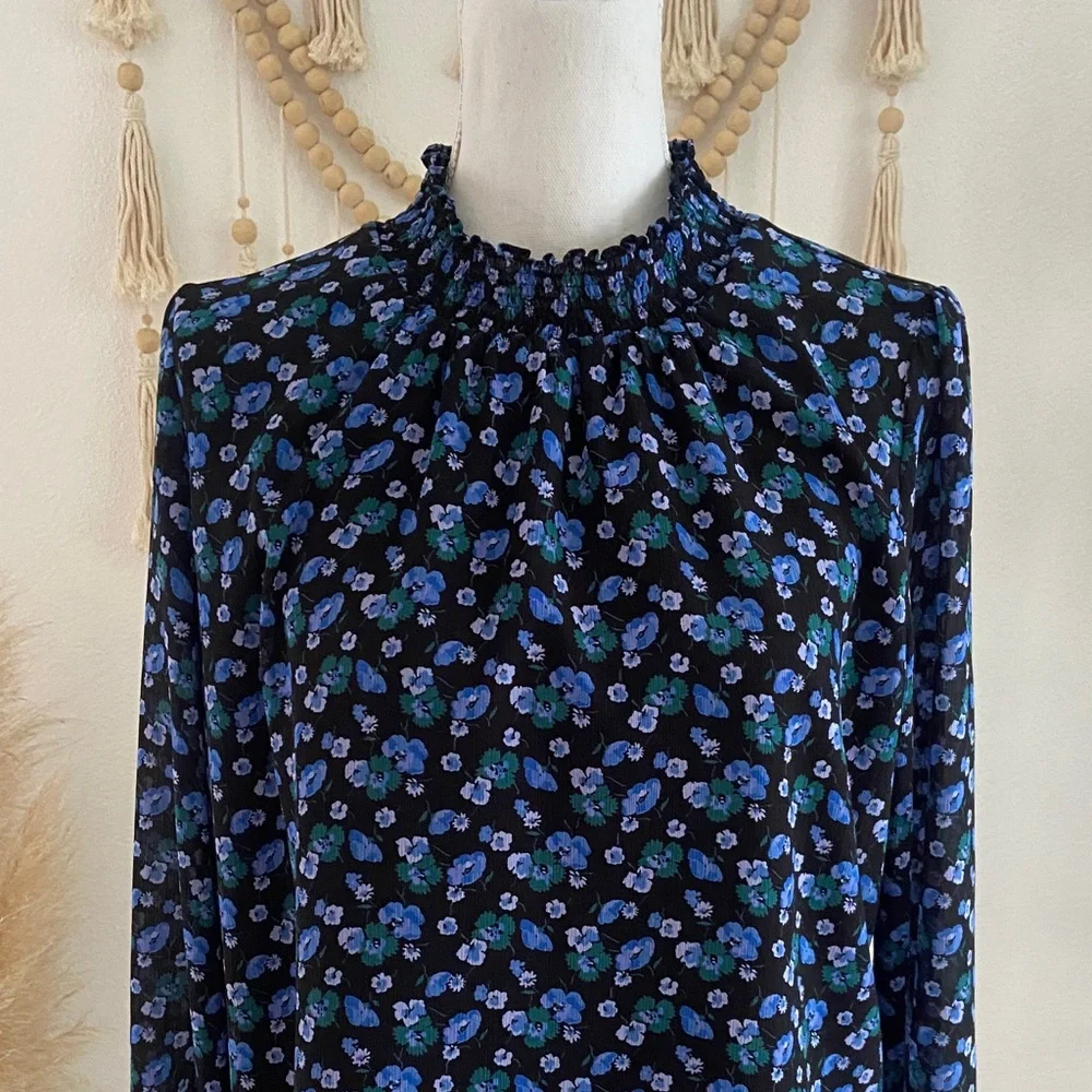 J. Crew mock neck smocked blouse top black & blue floral print crepe spring M